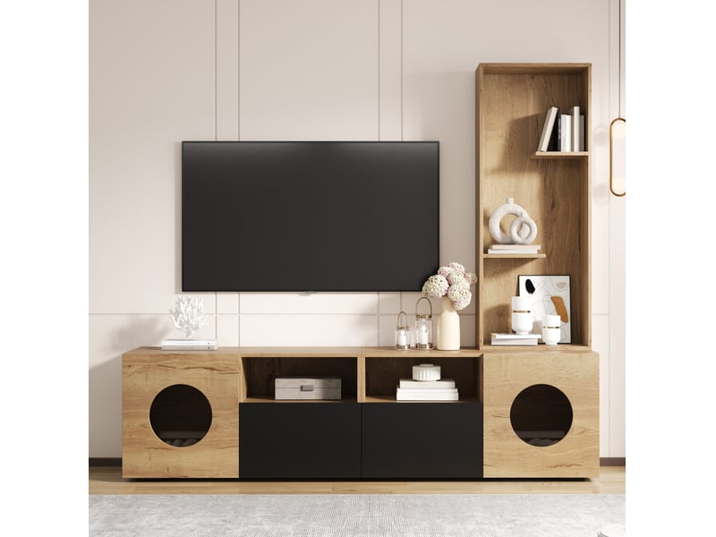  Meuble tv modèle cat house, rangement moderne, espace chat, niches ouvertes, portes d'armoire salon  - Conforama B