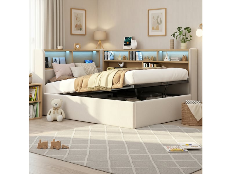  Lit coffre avec rangement hydraulique en velours beige  - Conforama C