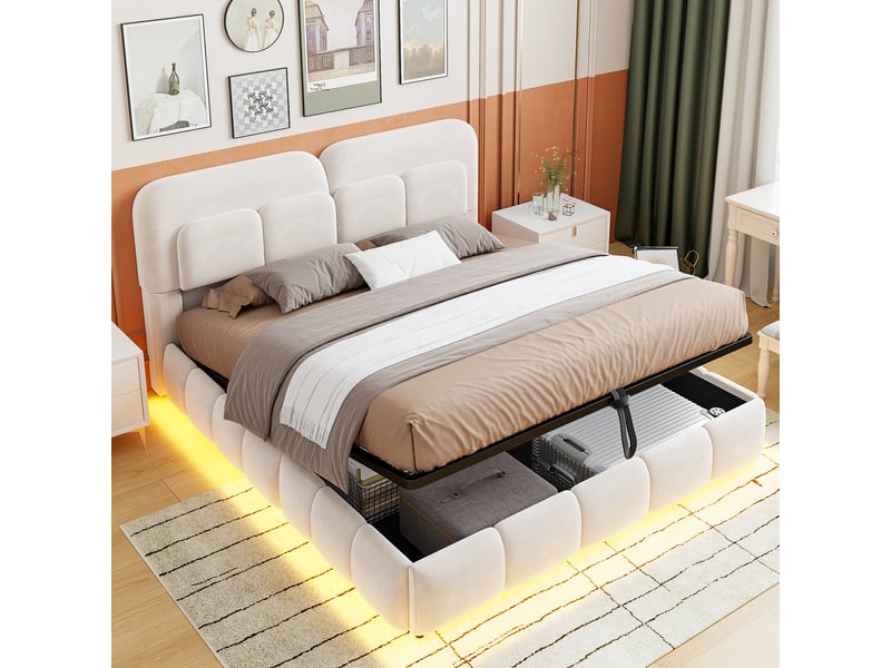  Lit double velours beige 140x200 cm avec rangement hydraulique, led et tête rembourrée  - Conforama B