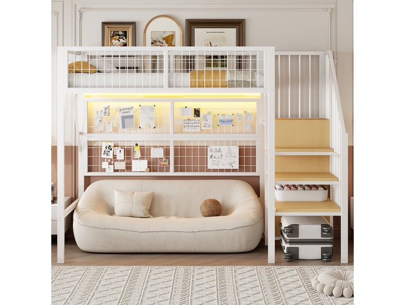  Lit mezzanine tcqpz 90 x 200 cm en métal blanc avec led pilotée par application, escalier avec rangement et placard ouvert  - Conforama B