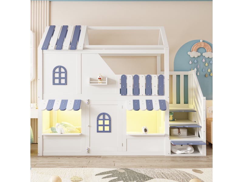 Lit superposé enfant, 90 x 200 cm, design en forme de maison avec fenêtres, toit, auvent, rambarde et porte, avec échelle de rangement, éclairage led et étagères, lit mezzanine, blanc et bleu - Conforama D