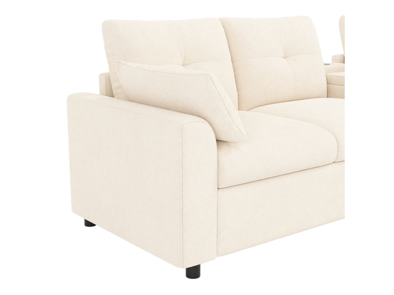  Canapé d'angle modulable beige 6 places en ul avec 2 poufs coffre, usbtype-c, porte-gobelets escamotables  - Conforama D