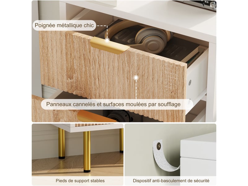  Table de chevet, table basse avec rangement, 3 tiroirs, blanc et bois clair, pour chambre à coucher et salon  - Conforama E