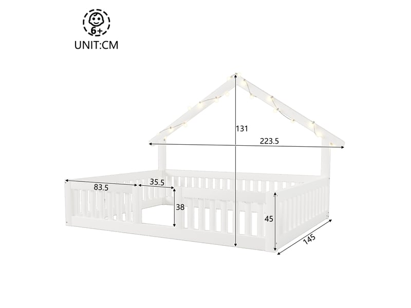  Lit cabane enfant 140x200 cm – blanc – barrière de sécurité, guirlande led à interrupteur - sans matelas  - Conforama C