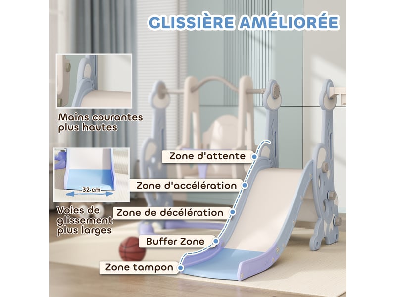  Toboggan et balançoire pour enfants 4 en 1 avec panier de basket et échelle, 147,5 x 160 x 107 cm, bleu clair  - Conforama E