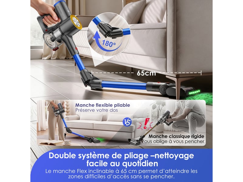  Aspirateur balai sans fil 55 000 pa, autonomie 70 min, led vert, aspirateur 6-en-1 avec tube flexible à 180°, bac à poussière 1,8 l, 4 filtres hepa h13 lavables inclus, sans sac, technologie anti-emmêlement des cheveux et poils  - Conforama D