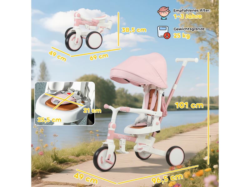  Tricycle enfant transformable en poussette, modèle 5 en 1, poignée de poussée amovible et réglable, ceinture de sécurité, sac de rangement, 1-3 ans, rose  - Conforama C