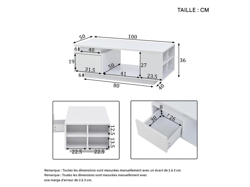  Table basse avec led et tiroir en panneau de particules blanc brillant 100x50x36 cm - pangivo  - Conforama C