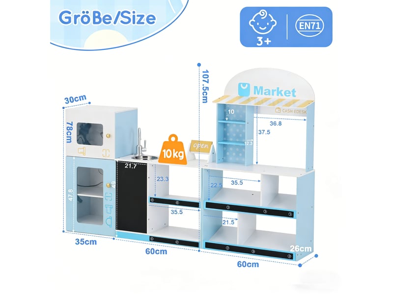  Magasin de jeu pour enfants 155x30x107,5 cm avec réfrigérateur mdf bleu  - Conforama E