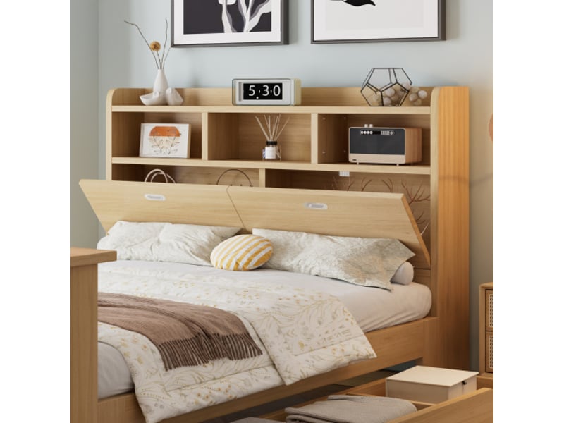  Lit enfant junior 140x200 en bois naturel - cadre de tête de lit avec étagère, tiroir coulissant et table pliante  - Conforama D