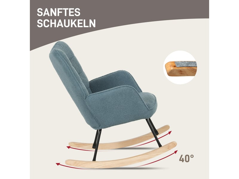  Fauteuil à bascule bleu clair en polyester avec accoudoirs et pieds en bois, 120 kg max  - Conforama R