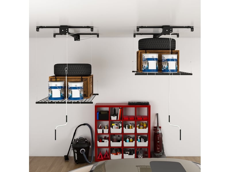  Étagère de plafond de garage 120x120 cm noire en acier, système à manivelle pour rangement suspendu  - Conforama B