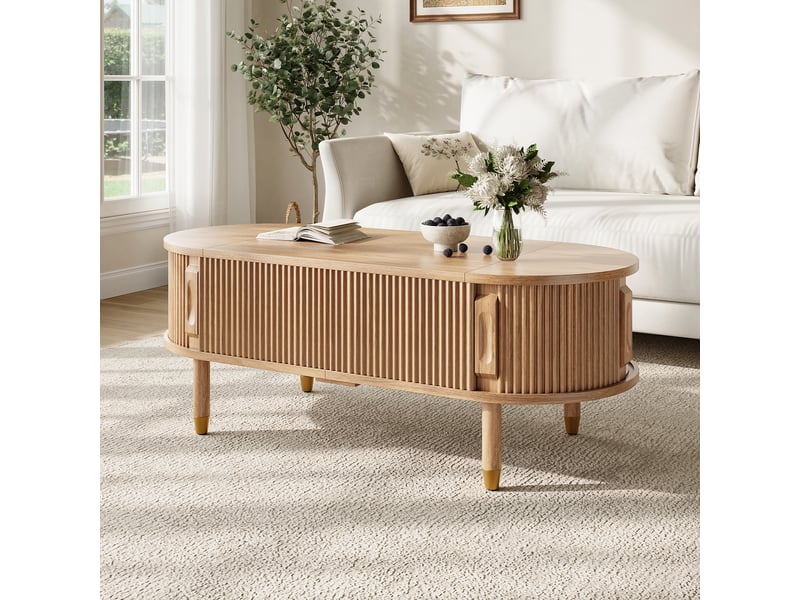  Table basse relevable, rangement intégré, porte coulissante rainurée, mdf, pieds en bois d’hévéa ABC - Conforama E