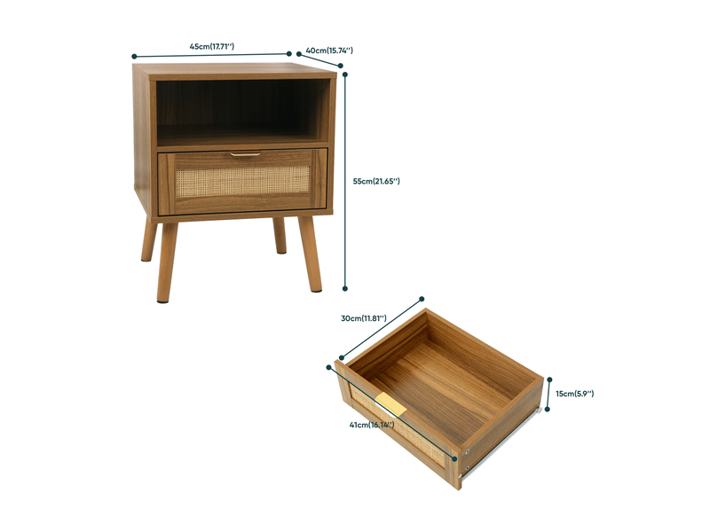 Table de chevet 45x40x55 cm, 1 tiroir, niche ouverte, rotin, poignées dorées, style bohème, mdf, aspect noyer  - Conforama C