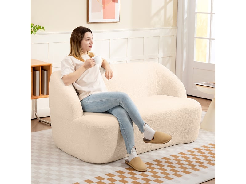  Canapé 2 places canapé en tissu bouclette 142 cm avec dossier et assise incurvés, beige, aucun assemblage requis  - Conforama D