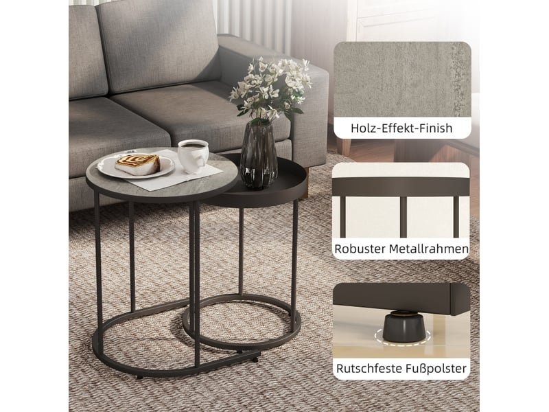  Tables basses gigognes rondes en métal avec plateau à rebord et patins antidérapants pour salon gris et noir  - Conforama E