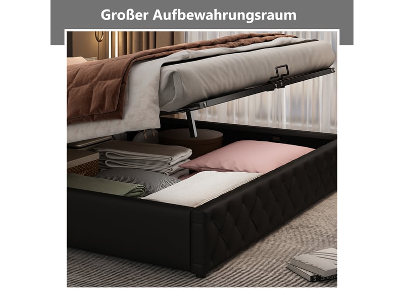Lit coffre 160x200 avec sommier à lattes, lit tapissier noir en similicuir pu avec éclairage led et grand espace de rangement. - Conforama R