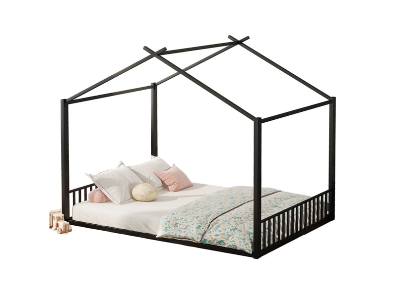  Lit enfant 140x200 cm en métal noir avec structure en forme de maison  - Conforama A
