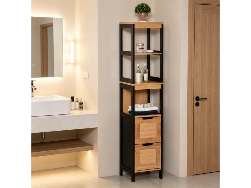 Colonne salle de bain sur pied, étagères et tiroirs, rangement gain de place - Conforama B