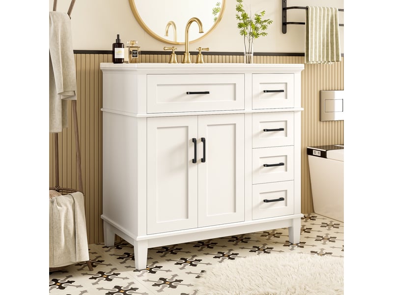  Meuble de salle de bain - 90x46x87 cm - meuble sous vasque sur pied avec vasque en céramique - blanc  - Conforama B