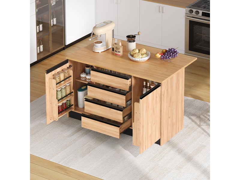  Îlot central cuisine 140 cm avec plan de travail rabattable de 50 à 80 cm, effet bois naturel  - Conforama B