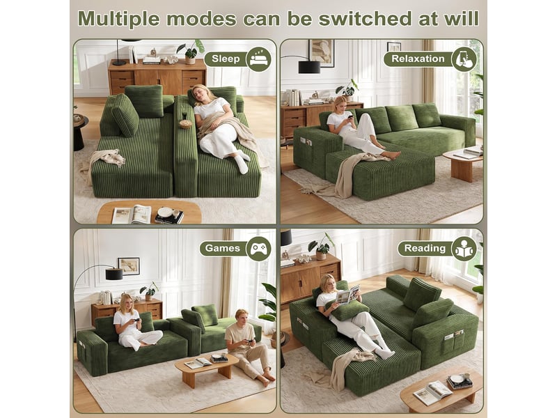  Canapé convertible - 4 places - sans montage - canapé-lit - avec fonction couchage - velours côtelé vert - l 261 x h 58 x p 88 cm  - Conforama E