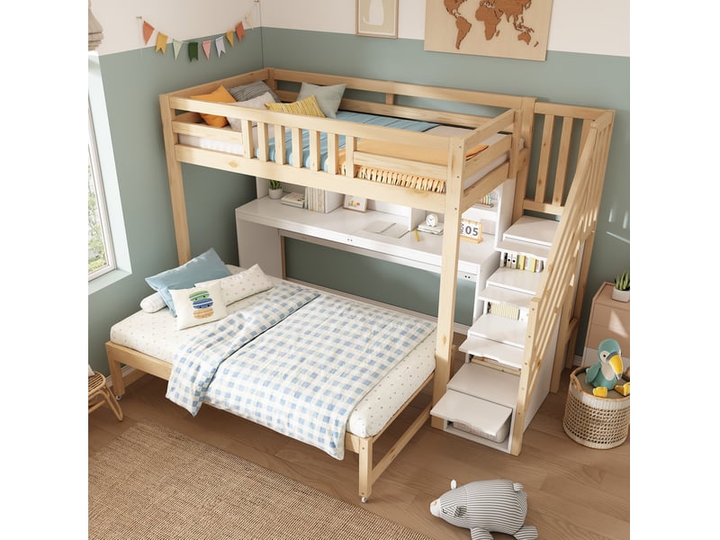 Lit mezzanine enfant 254 x 97 x 165 cm blanc et chêne, lit gigogne, bureau mobile et rangements intégrés - Conforama B