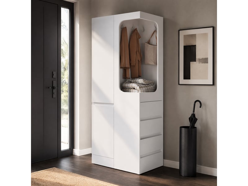 Armoire de rangement avec 1 porte, 4 tiroirs et penderie ouverte pour chambre en bois 70×40×170 cm blanc - Conforama B