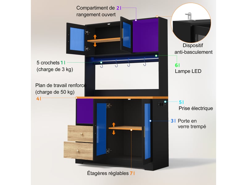  Meuble de cuisine muvano avec vitrine et led rgb, noir et effet bois, 110 × 40 × 178 cm  - Conforama E