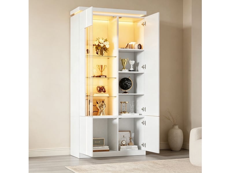  Vitrine haute avec 4 portes, 6 étagères et éclairage led bluetooth pour salon, salle à manger et chambre, en mdf blanc  - Conforama C
