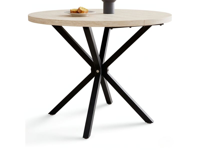  Table à manger ronde 100 cm – noir et bois clair – plateau mdf décoratif, piètement métal croisé  - Conforama A