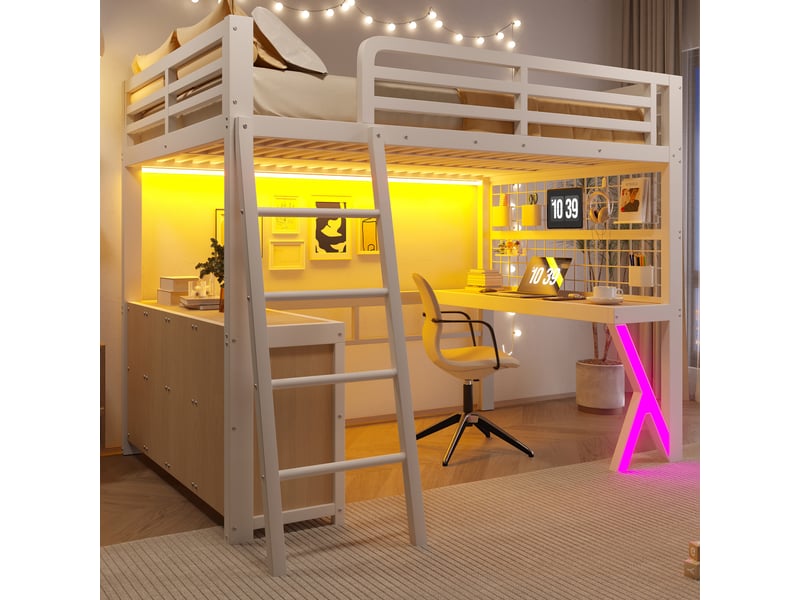  Lit mezzanine 140x200 cm avec bureau et armoire - lit haut 2 places avec bande led, rangements et échelle, métal blanc Seren Glow - Conforama B