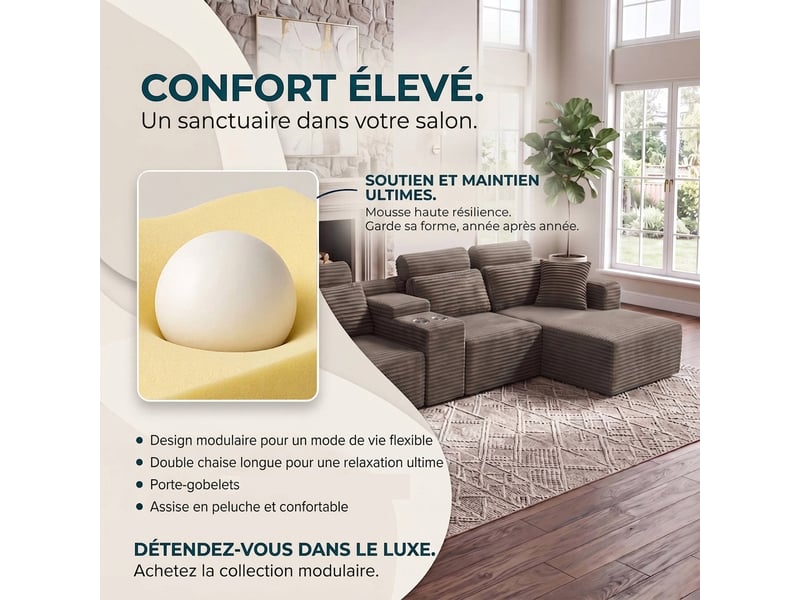 Grand canapé 6 places d'angle en u modulable velours côtelé kaki avec porte-gobelets - Conforama W