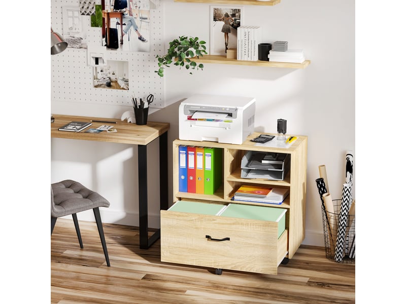  Meuble de bureau multifonctionnel en bois, meuble pour imprimante avec 5 roulettes, tiroir et étagère réglable, 77 x 40 x 73 cm, bois  - Conforama C