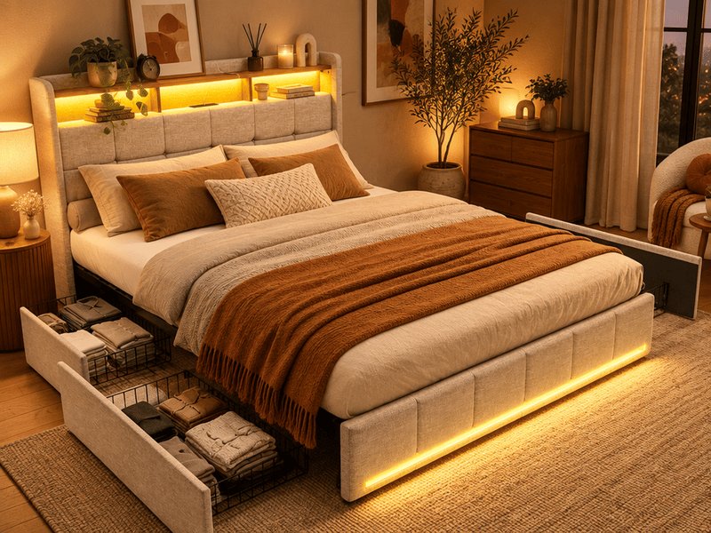 Lit double rembourré 140x200 cm avec sommier et 4 tiroirs, lit 2 personnes avec rangement et tête de lit, led et usb, lin beige - Conforama B