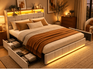 Lit avec rangement 140x200 cm <strong>DAHUEN</strong> <strong></strong> coloris beige