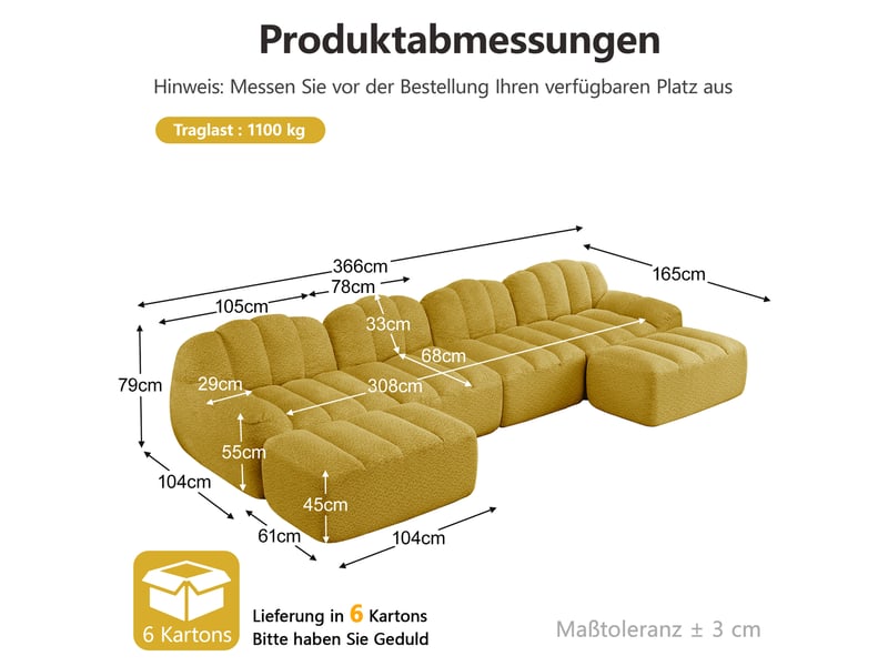 Canapé modulable 4 places en u avec 2 poufs en granular fleece jaune - Conforama E