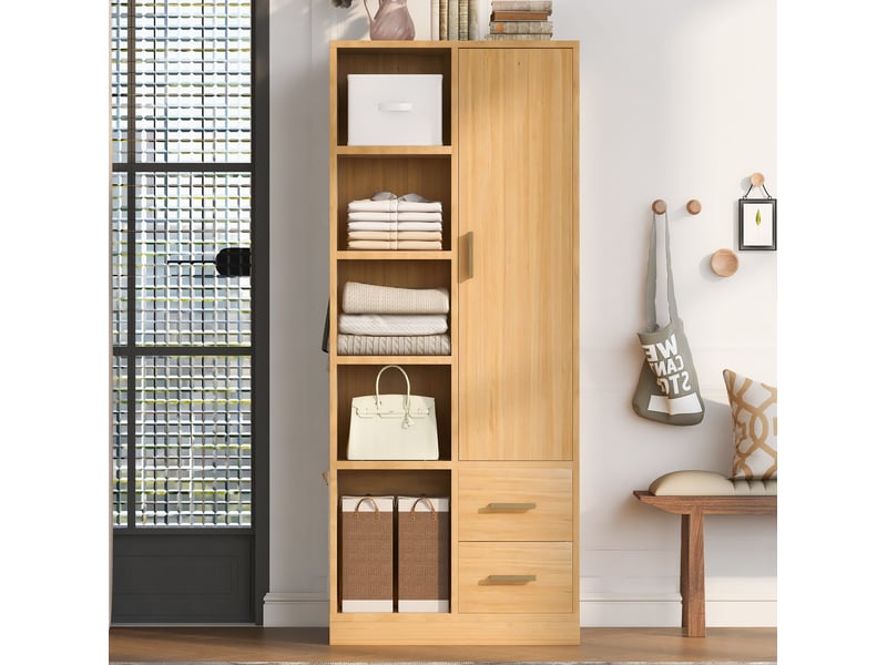  Armoire 70x50x170 cm, à 1 porte, 2 tringles et 2 tiroirs, rangements latéraux, poignées en métal, bois, couleur bois  - Conforama D