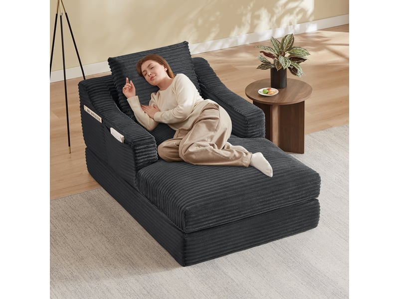 Fauteuil pouf convertible 1 place avec design double couche - assise dépliable en mousse, velours côtelé gris foncé - Conforama E