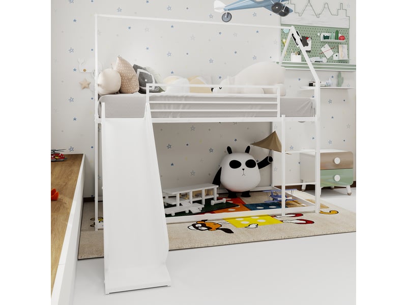  Lit superposé enfant 90x190cm - toboggan intégré - garde-corps 32cm - métal blanc - haute sécurité  - Conforama D