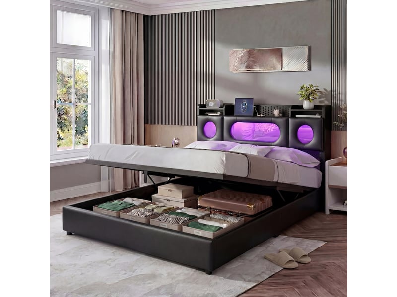  Lit coffre hydraulique 140 x 200 cm-noir - lit double rembourré en pu avec tête de lit de rangement, led rvb et ports usb  - Conforama D