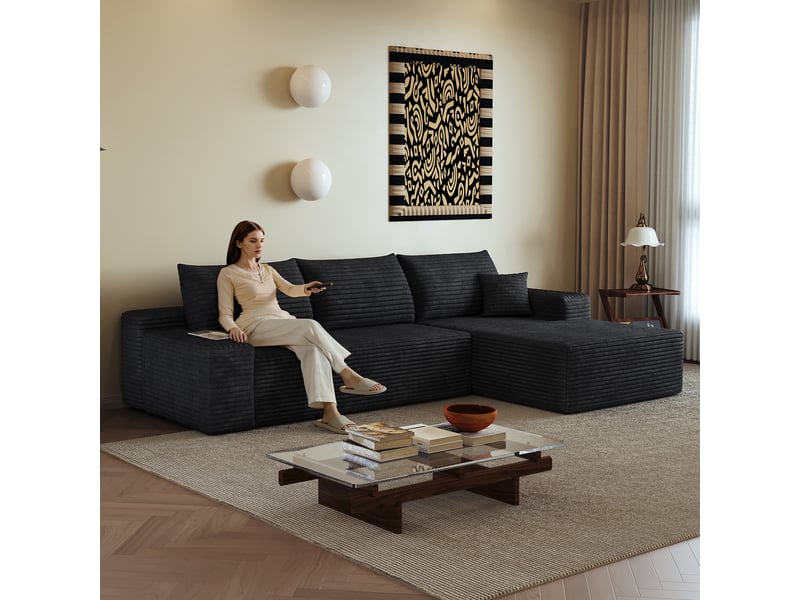  Canapé d'angle droite en l 270cm canapé modulable 3 places  canapé compressé en velours côtelé avec méridienne, noir  - Conforama C