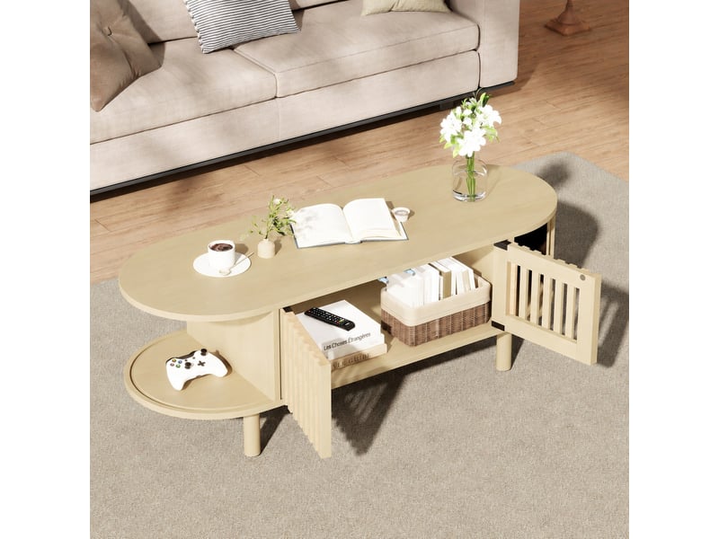  Table basse ovale avec rangement, 2 portes à lattes et porte coulissante, 100 x 40 x 38 cm, bois clair  - Conforama C