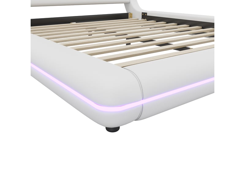 Lit adulte 160x200cm,lit double,lit au sol en pu et mdf avec lumière led et télécommande 24 touches,blanc lit adulte blanc - Conforama E