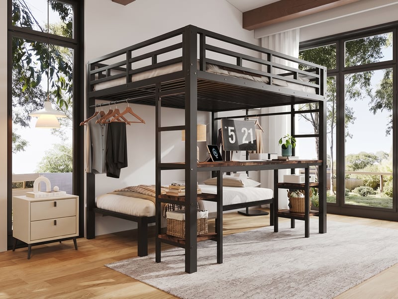  Lit superposé 14090 × 200 cm, bureau, penderie, prise et ports usb-c, en métal et panneaux, noir et effet bois  - Conforama B