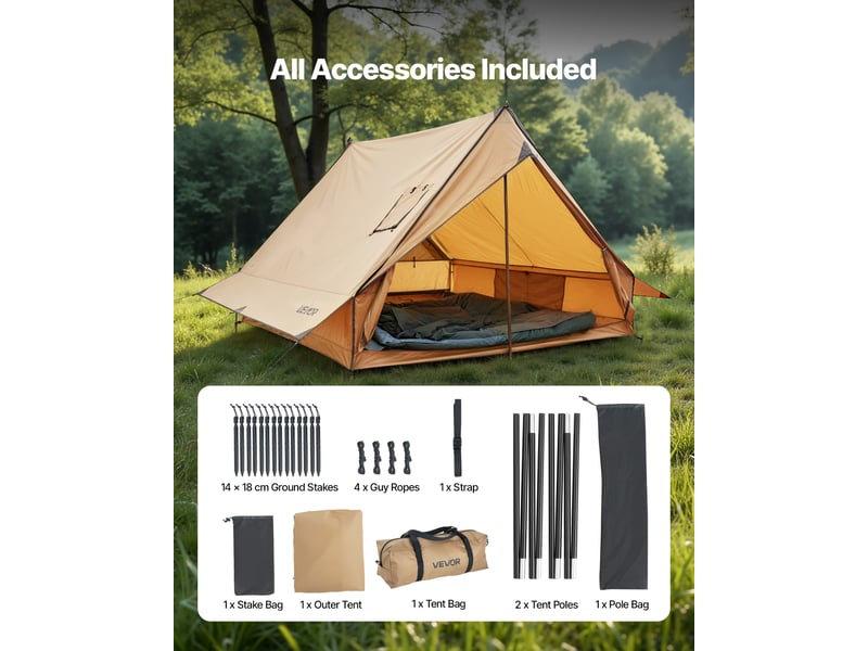  Vevor tente chaude pour 2 personnes, tente dehiver portable avec trou de poele, poteaux, sac de transport, abri leger a 4 saisons, tissu impermeable pu2500 mm, pour camping, randonnee, peche, chasse  - Conforama C