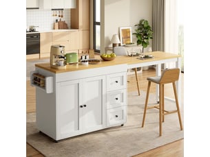 Îlot de cuisine extensible à roulettes avec 3 tiroirs et rangement - plateau coulissant mdf métal blanc