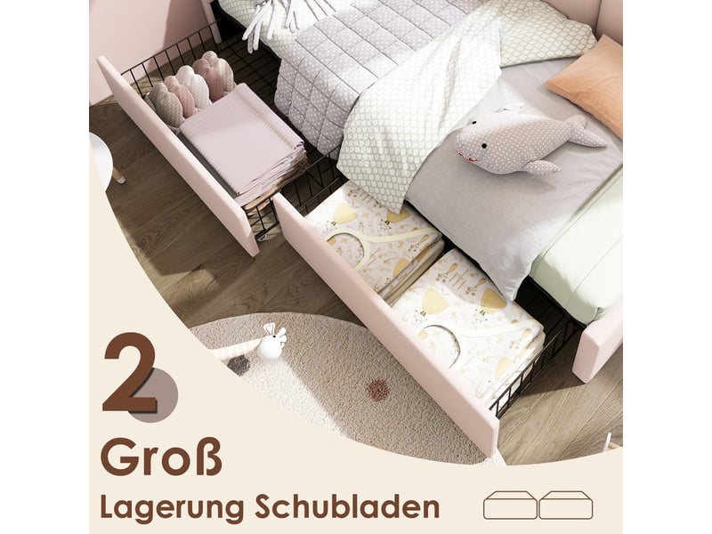  Lit banquette 90x190 cm velours rose avec tiroirs de rangement - canapé lit capitonné avec sommier  - Conforama D