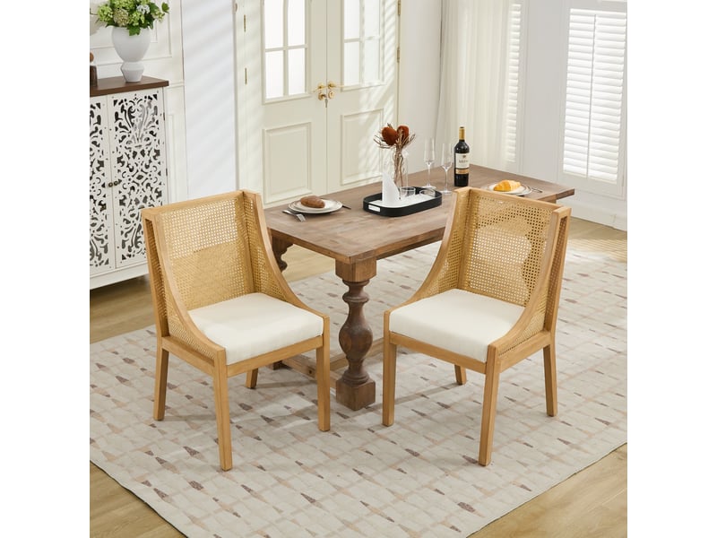  Chaise de salle à manger en bois massif avec accoudoirs décoratifs, assise en tissu effet lin, rotin synthétique, beige  - Conforama B