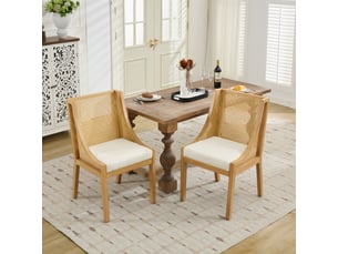 Chaise de salle à manger en bois massif avec accoudoirs décoratifs, assise en tissu effet lin, rotin synthétique, beige
